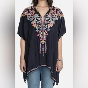 JOHNNY WAS BiYa Alia Cupra Blend Boho Embroidered Poncho Dusty Blue Medium